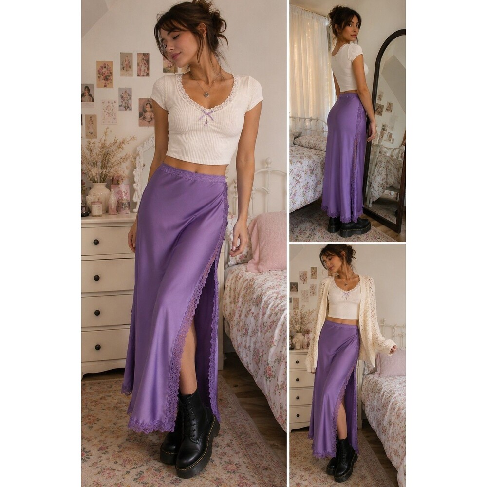 Wild Fable XXS Lavender Satin Slip Skirt Maxi Lace Y2K Fairycore coquette Trendy